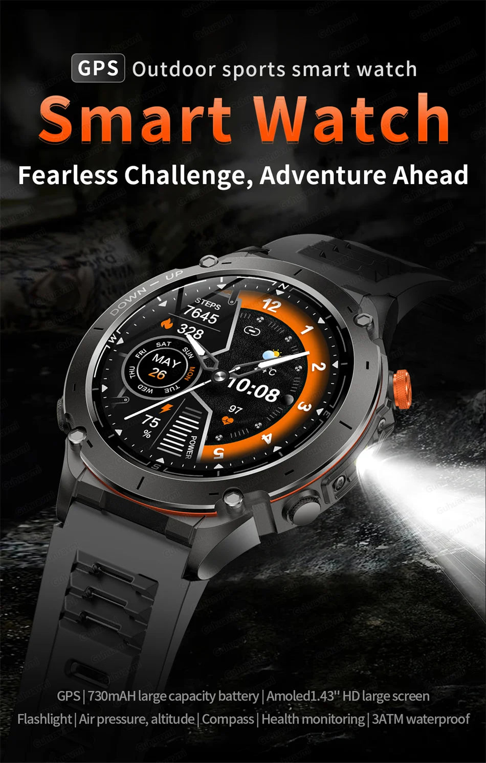 2025 New Rugged Military GPS Smart Watch Built-In GPS Tracker Compass Sports Fitness Tracking Smartwatch - Compatible with HUAWEI & Xiaomi IOS