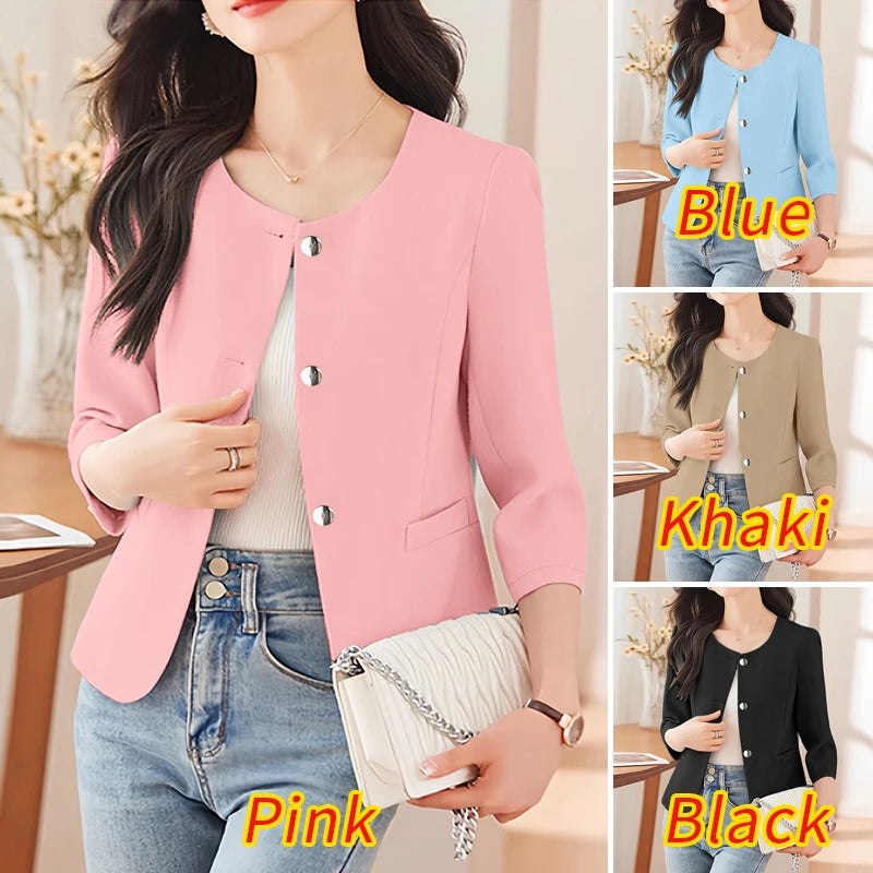 Elegant Women Over Shirts 2025 Autumn Fashion Round Neck 3/4 Sleeve Button Up Chemises Femme Office Wear Solid Outerwear