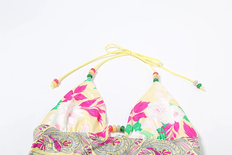 Lotus Print 2 Piece Set Women Halter Low-Neck Backless Tank Tops + Shirring Thong Vacation Fashion Beach Style Swimsuit