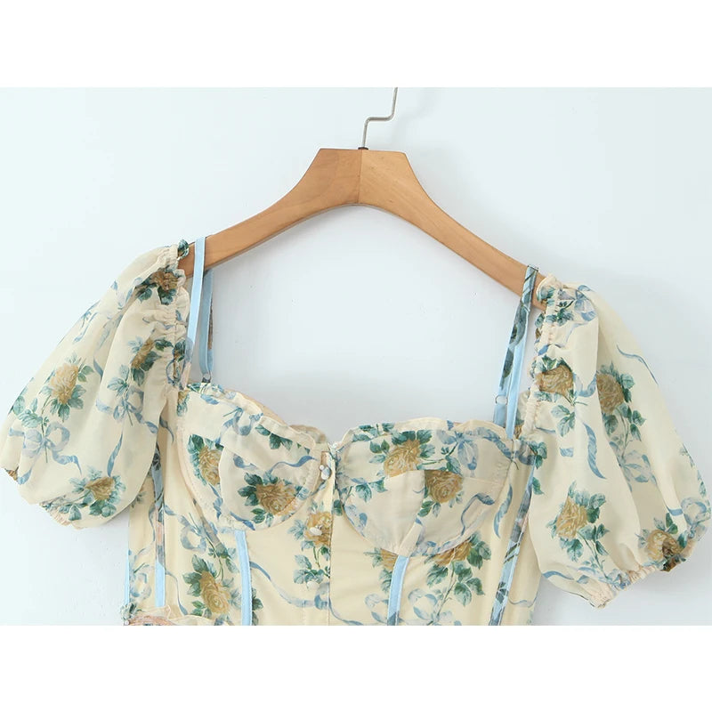 Patchwork Floral Print Boho Summer Dresses Women Vintage Puff Sleeve A-line Midi Chiffon Dress Chic Lady Vacation Robe