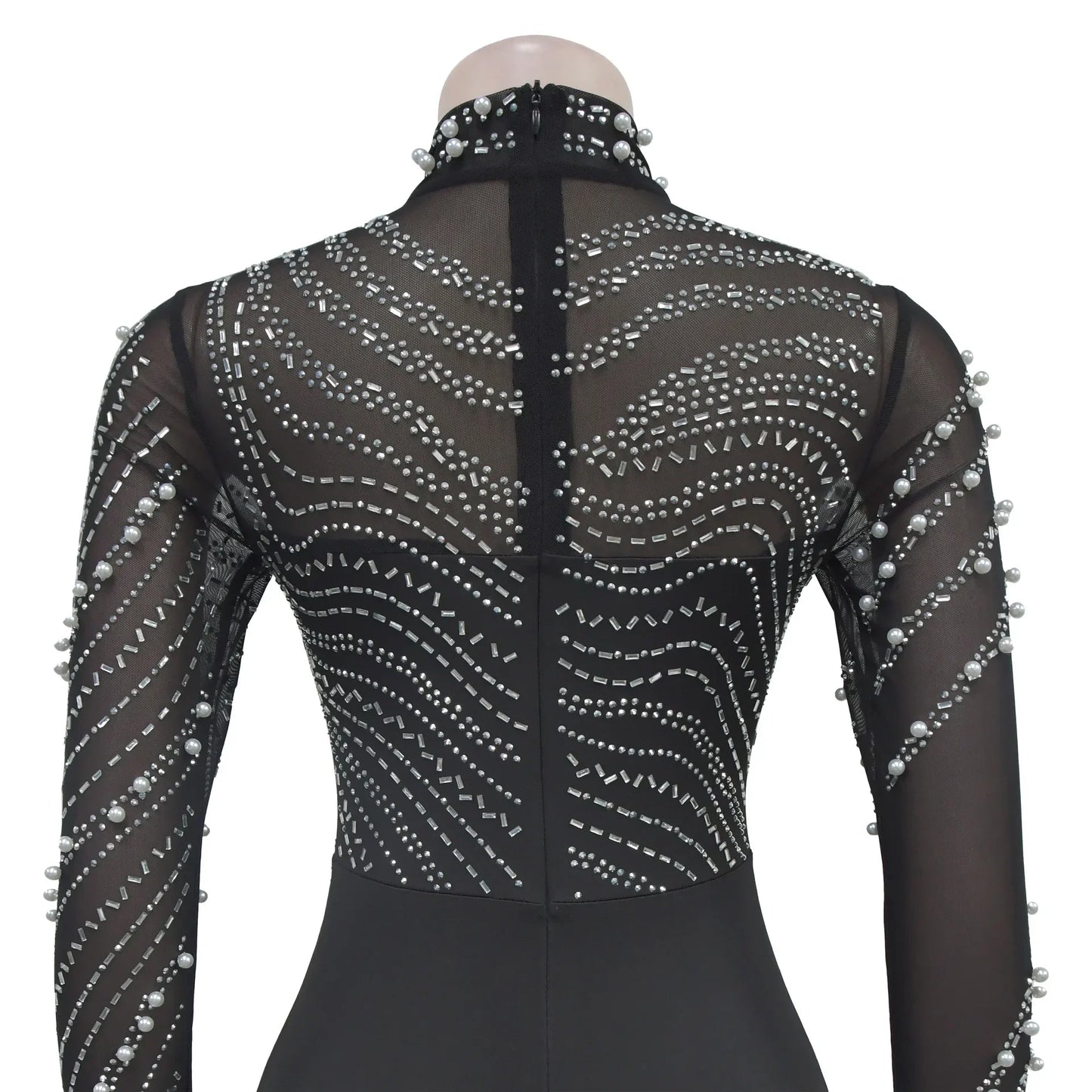 Sexy Mesh Patchwork Rhinestone Beads Floor Length Party Long Dress