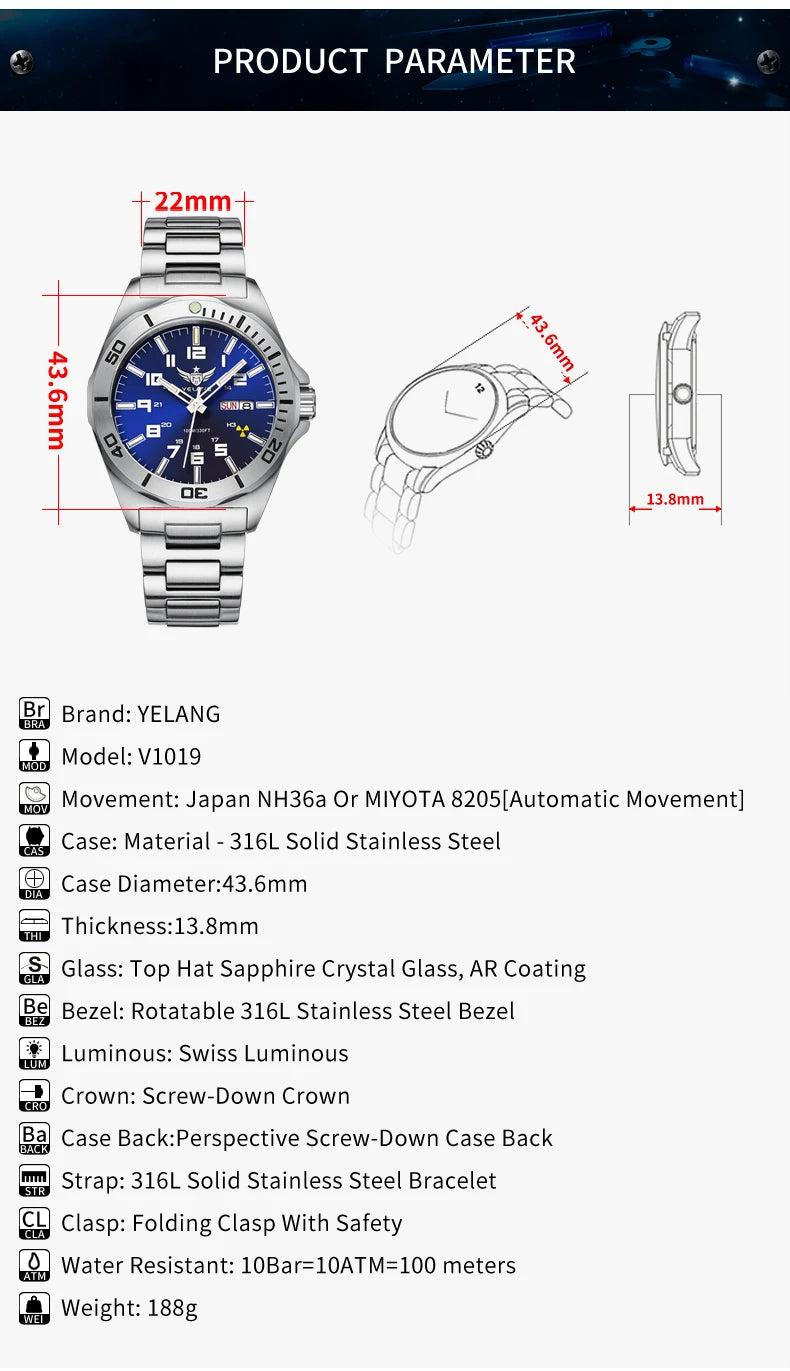 YELANG Watch Men's 44MM Mechanical Wristwatches Luxury Sapphire Glass AR Coated Automatic Watches 10BAR Waterproof Watch For Men