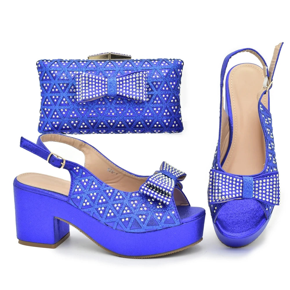 African Women Wedding Shoes and Bag Set Decorated with Rhinestone Africa Shoe and Bags Set Wedges Shoes for Women