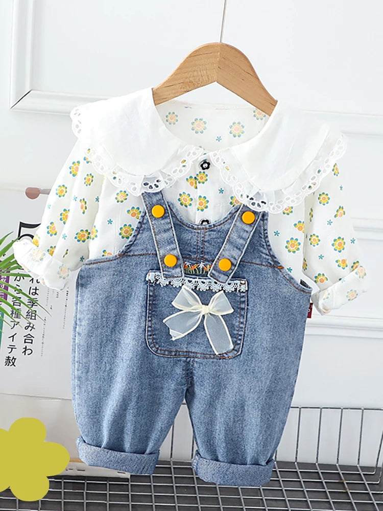 New Spring Kids Clothes Set Girls Cute Flower Blouse + Denim Overalls Children 2PCS Outwear 12-36m 4-6Y Girls