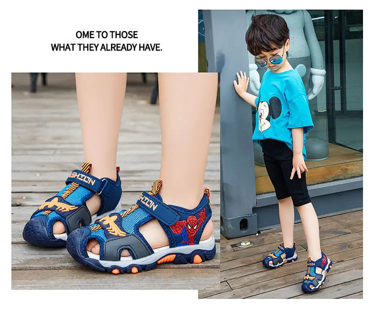 Children Sandals Male Summer Sandals Student Open Peep Toe Cartoon Beach Anti slip Soft Sole Black Blue Shoes Size 26-35