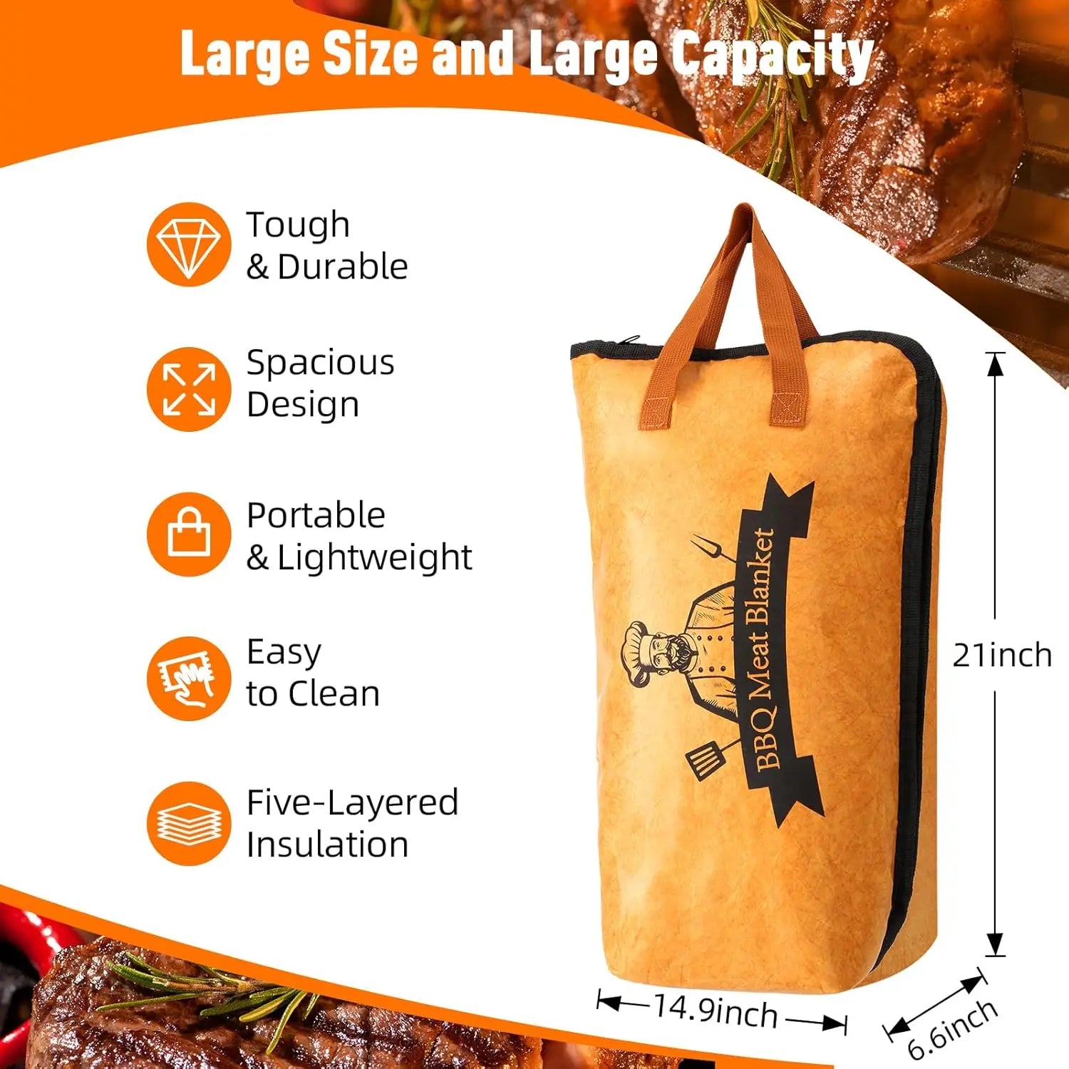 BBQ Blanket for Resting Meat,Reusable Smoker Meat Resting Blanket, 5-Layer Insulation& Wide Mouth Bag to Keep Warm and Fresh