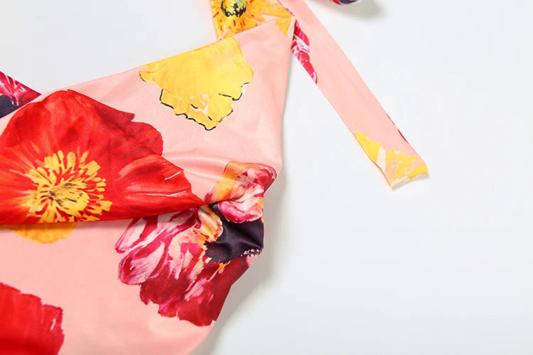 Floral Print 2 Piece Set Women Halter Low-Neck Backless Crop Tops + Skinny Splits Long Skirts Vacation Beach Style Suit