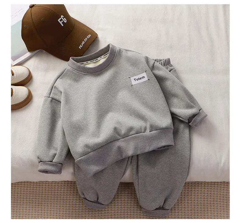 Kids Thicken Clothes Set Girls Cute Solid Colour Letters Sweatshirt + Pants Children Sports Suit Boys 2PCS Outwear 2-8T Unisex