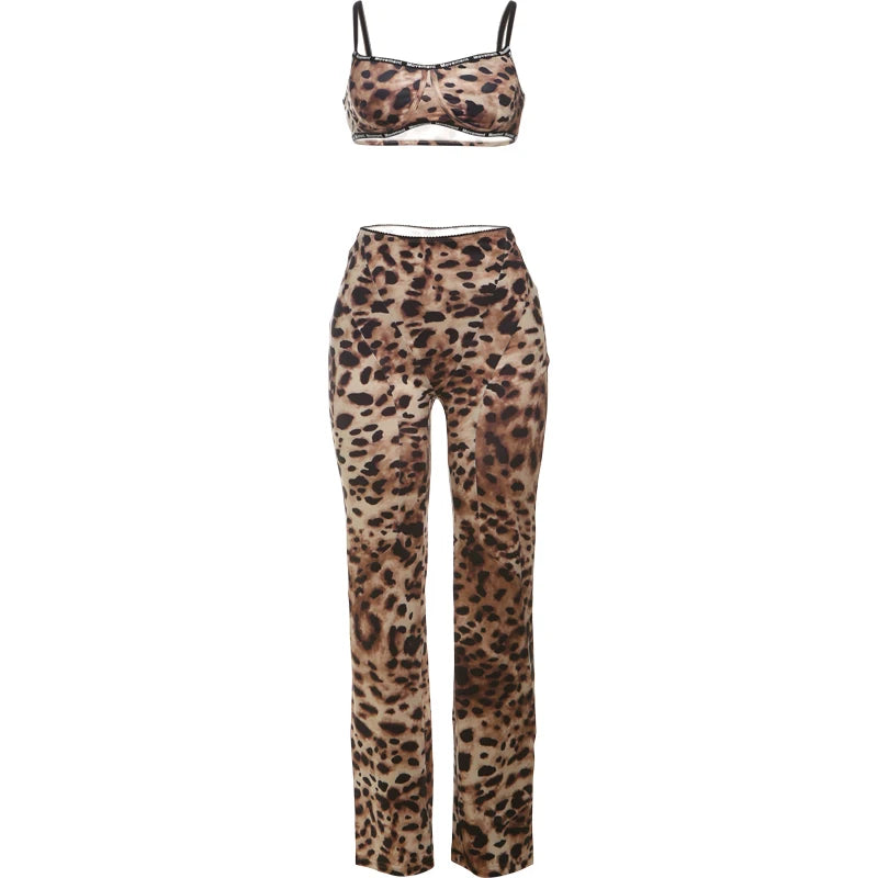 Stretch Women 2 Piece Set Activity Leopard Print Sexy Tracksuit Streetwear Sporty Camisole Vest + Leggings Skinny Outfits