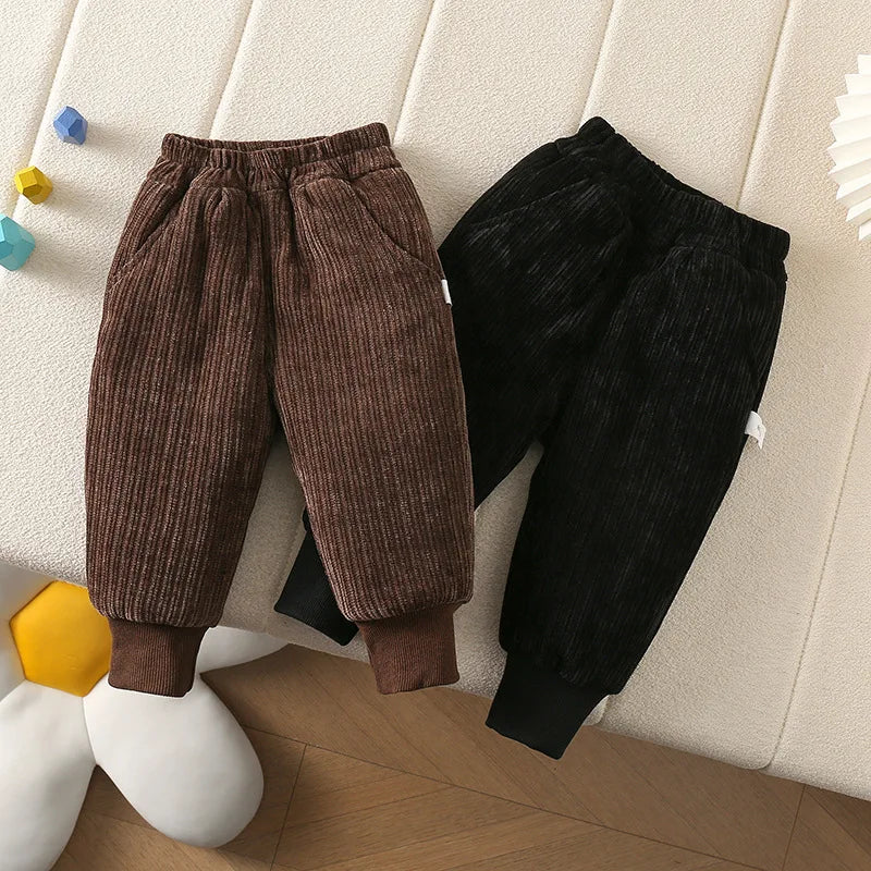 New Winter Kids Pants Children Solid Colour Pit Strip Trousers Boys Girls Fleece Padded Casual Pants 4-6Y Unisex