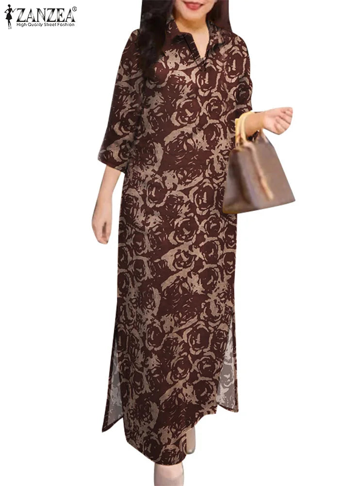 Floral Print Casual Long Vestidos Pure Cotton Vintage Slit Hem Autumn Shirtdress 3/4 Sleeve Women Vacation Maxi Dress