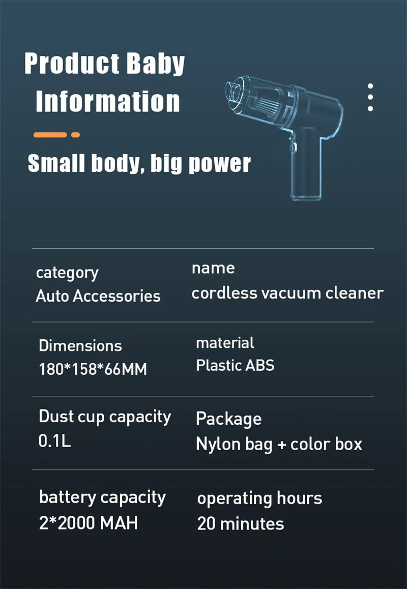 2-in-1 Wireless Car Vacuum Cleaner – Portable High-Power Handheld Vacuum with Multi Brush Heads & Type-C Charging