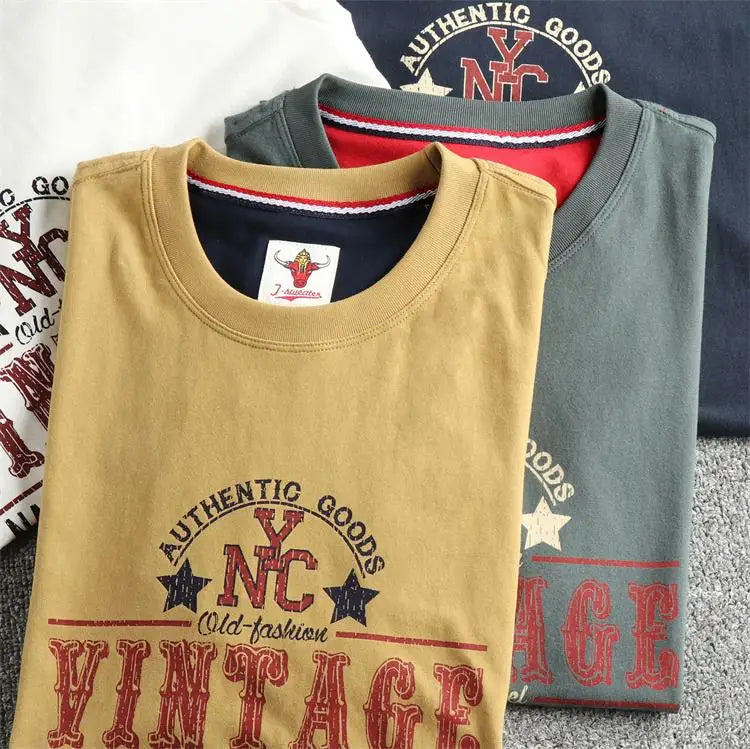 2025 Summer New American Retro Short Sleeve O-neck Letter Printed T-shirt Men's Fashion 100% Cotton Washed Casual Youth Tops