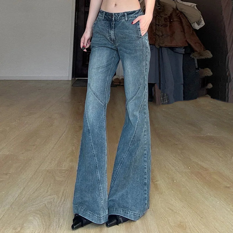 Women's Washed Denim Pants Trend Streetwear Y2K Low-Waist Flare Jeans Woman Casual All-Match Slimming Wide Leg Trousers