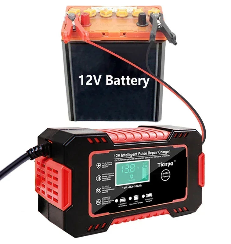 EAFC Full Automatic Car Battery Charger 12V Digital Display Battery Charger Power Puls Repair Chargers Wet Dry Lead Acid