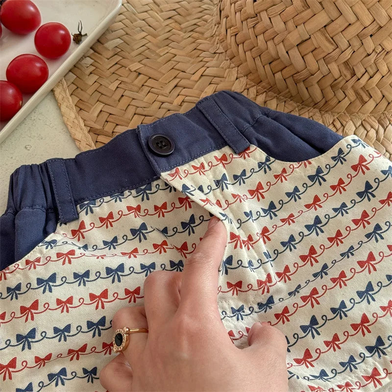 2025 Zomer Nieuwe Baby Meisjes Strik Print Shorts Katoenen Kinderen Losse Shorts Kinderen Veelzijdige Casual Broek Ademende Peuterkleding 4-6Y