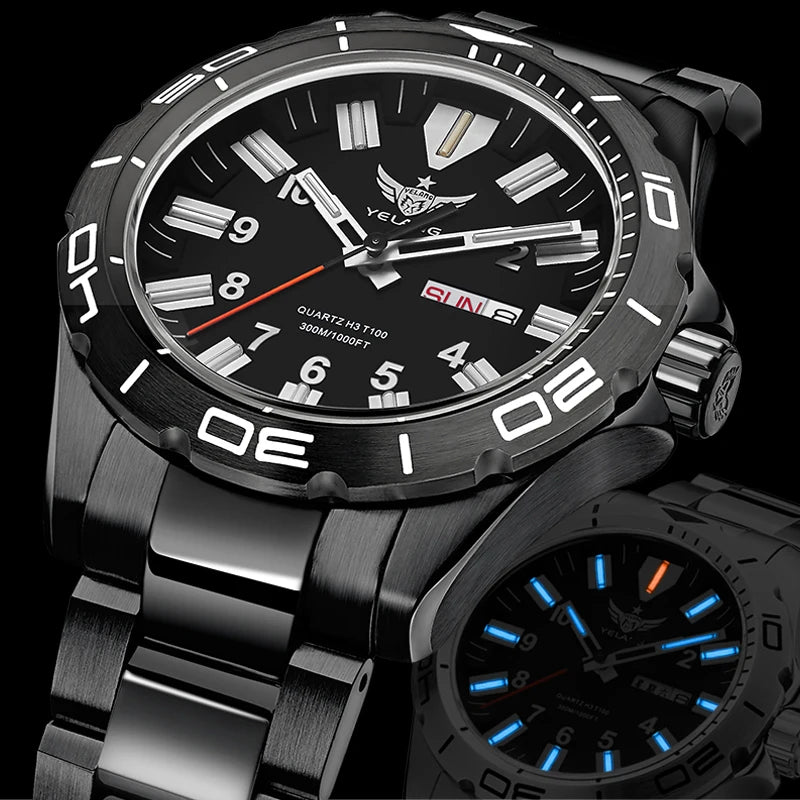 YELANG V1036 42mm Men's Quartz Watch Luminous Display Japan Movement 30ATM Waterproof Stainless Steel Band with Luminous Hands