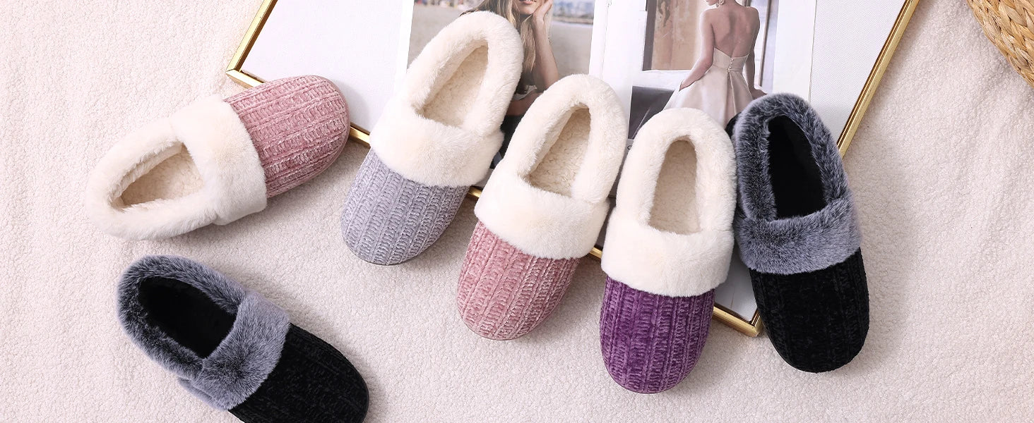 Women's Fleece Lined Warm House Cotton Slippers With Memory Foam and Non-Slip Cosy Fluffy Sole Plush Knit Slides Suitable For Bedroom Use