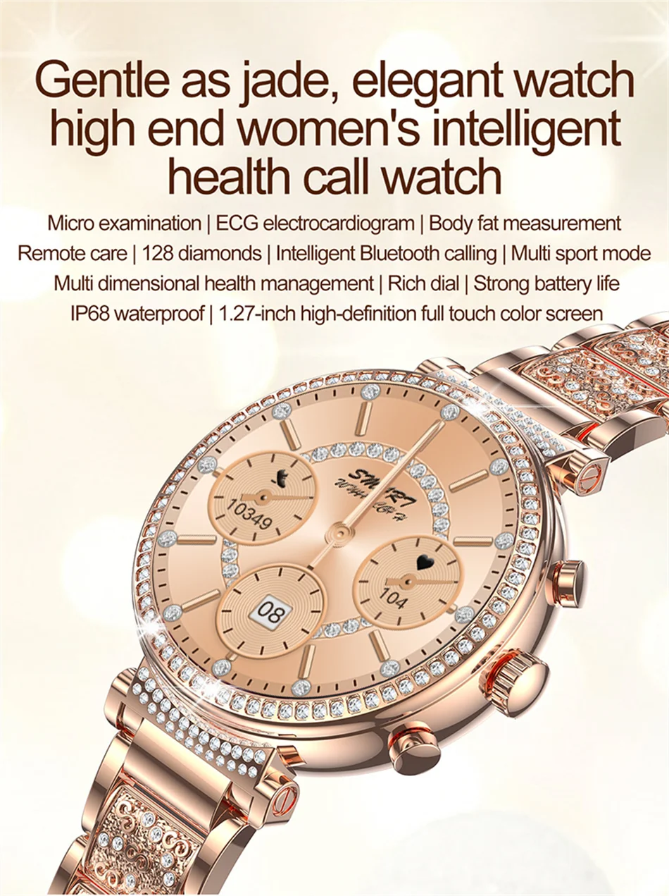 Women Diamond Smart Watch ECG Women Health tracking Watch Full Touch Screen BT Call Custom dial Smartwatch Compatible with Huawei & Xiaomi IOS