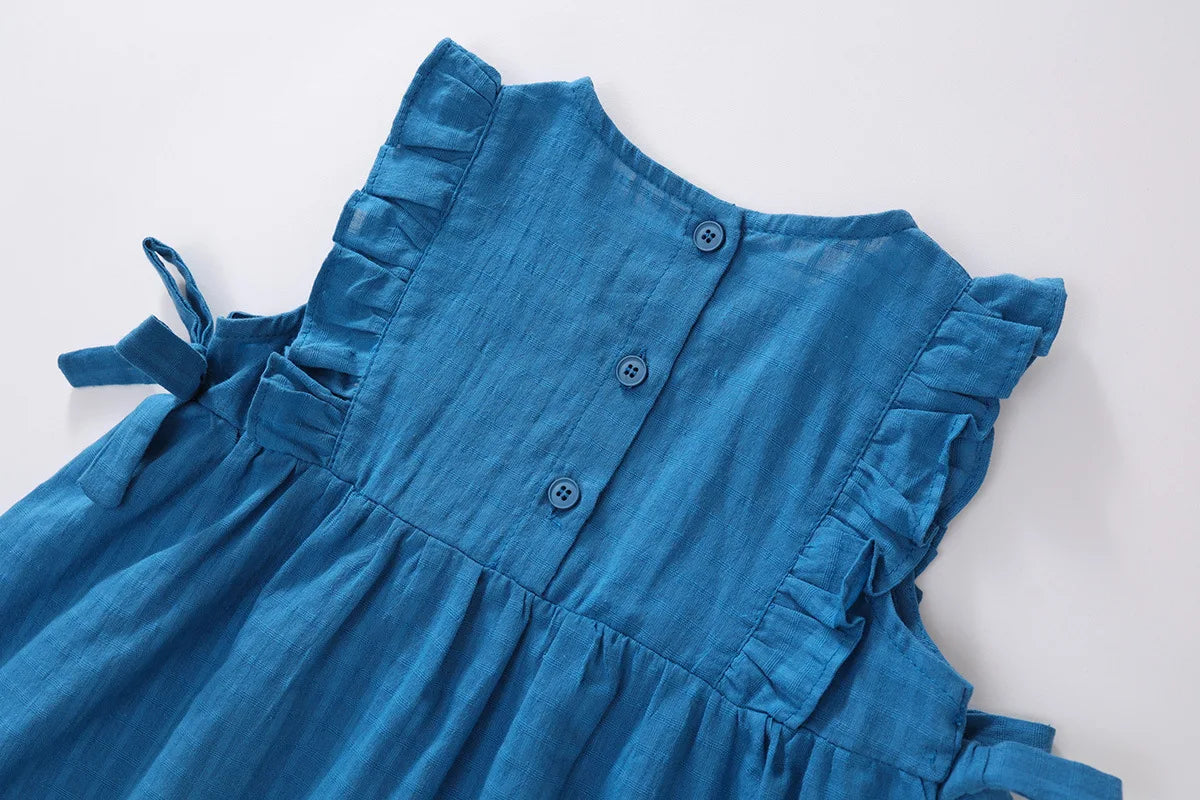 New Summer Kids Sundress Korean Style Ruffled Blue Vest Style Dress for Girls Children Sleeveless Dress 4-6Y Girls