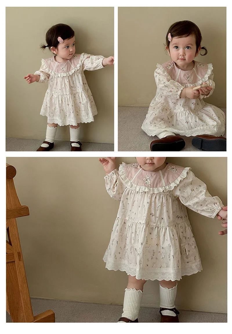 New Autumn Girls Flower Dress Cartoon Bunny Lace Kids Princess Dress Loose Korean Version Children Clothes 9M-5T Girls