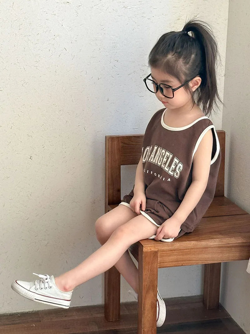 New Summer Kids Clothes Set Children Thin Style Letter Sports Suit Girls Tank Top Shorts Boys Outfits 4-6Y Unisex