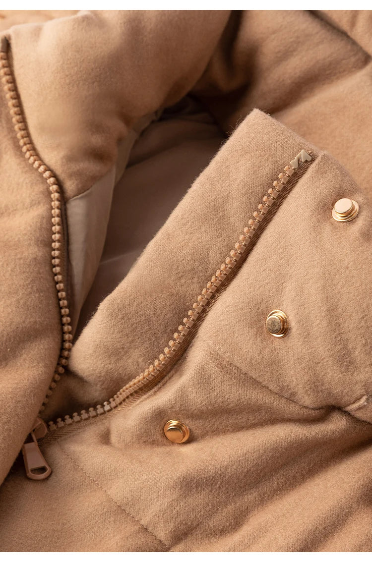 Women's Luxury Puffer Wool Winter Jacket, Duck Down Coat, Long Hat Detachable Hooded Outerwear For Ladies