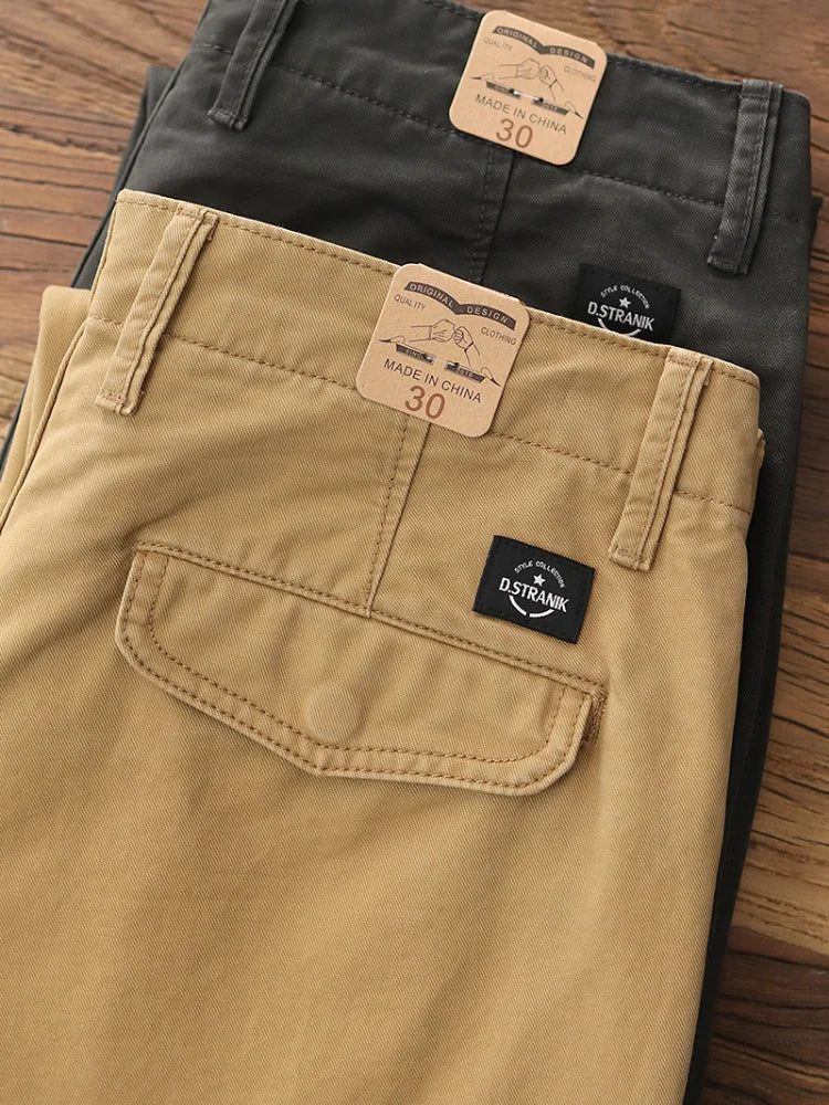Spring Autumn New American Retro Twill Amekaji Chino Cargo Pants Men's Simple 100% Cotton Washed Straight Casual Trousers