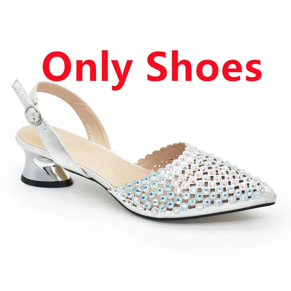 Italian Shoes with Matching Bags Set Rhinestone-Decorated with Medium Heels  for African Ladies' Party Pumps