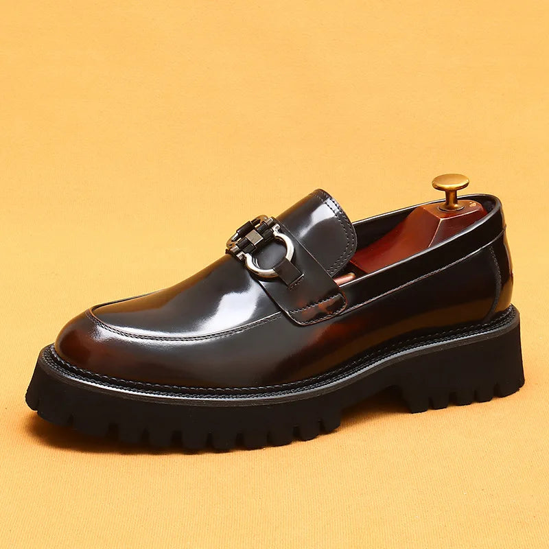 Cow Leather British Loafers Men Glossy Leather Business Casual Heightening Shoes - Non-Slip Tire Soles Dress and Round Toe Shoes