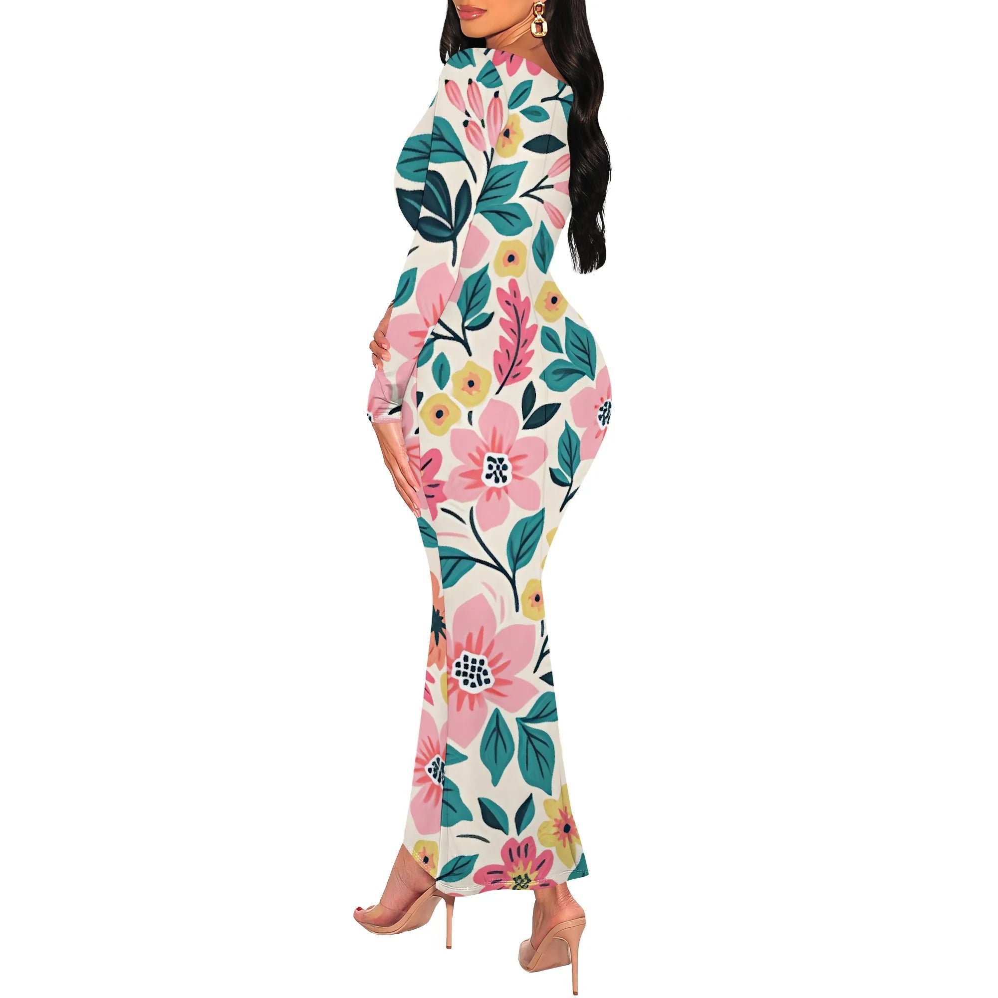 Bright Floral Print Bodycon Maxi Dress Colorful Long Sleeve Scoop Neck Spring Outfits