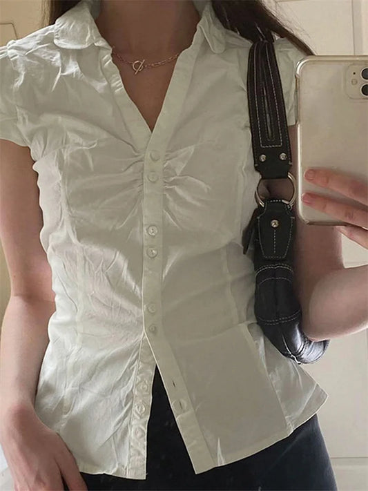 Women's Buttons Down Shirt, Short Sleeve Lapel Collar Back Tie-up, Slim Fit Tops For Summer Streetwear