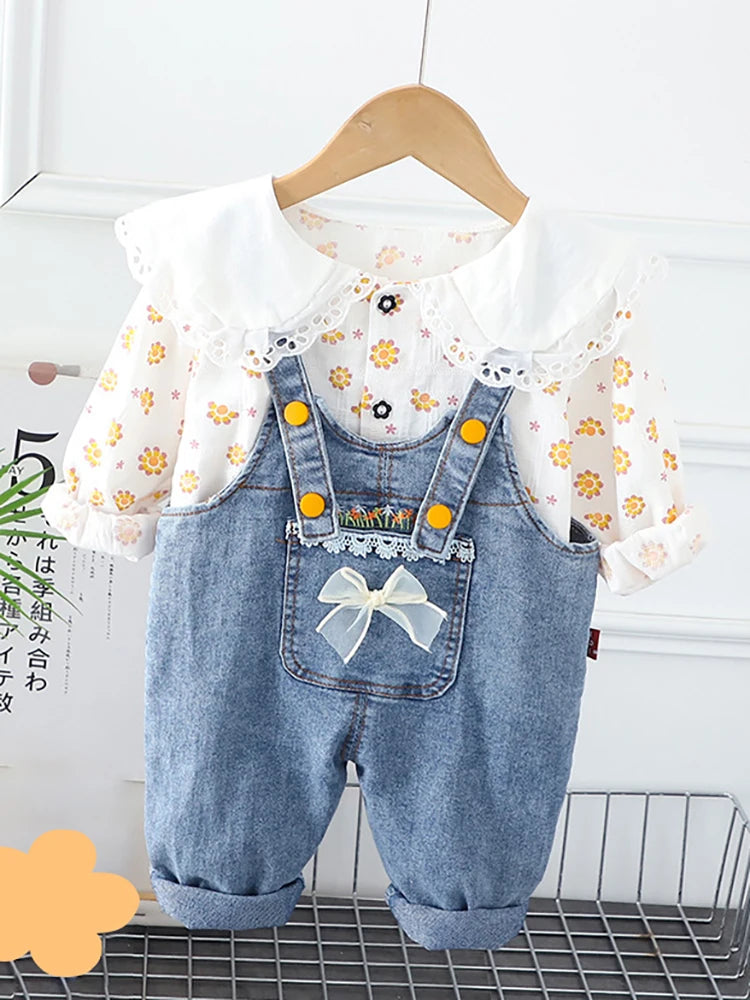 New Spring Kids Clothes Set Girls Cute Flower Blouse + Denim Overalls Children 2PCS Outwear 12-36m 4-6Y Girls