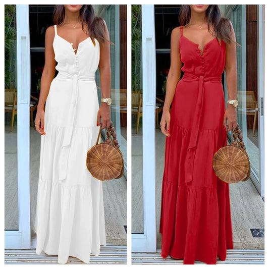 Summer New Women's Clothing European Style Unique Button V-neck Spliced Tank Dress Long Dress Sleeveless