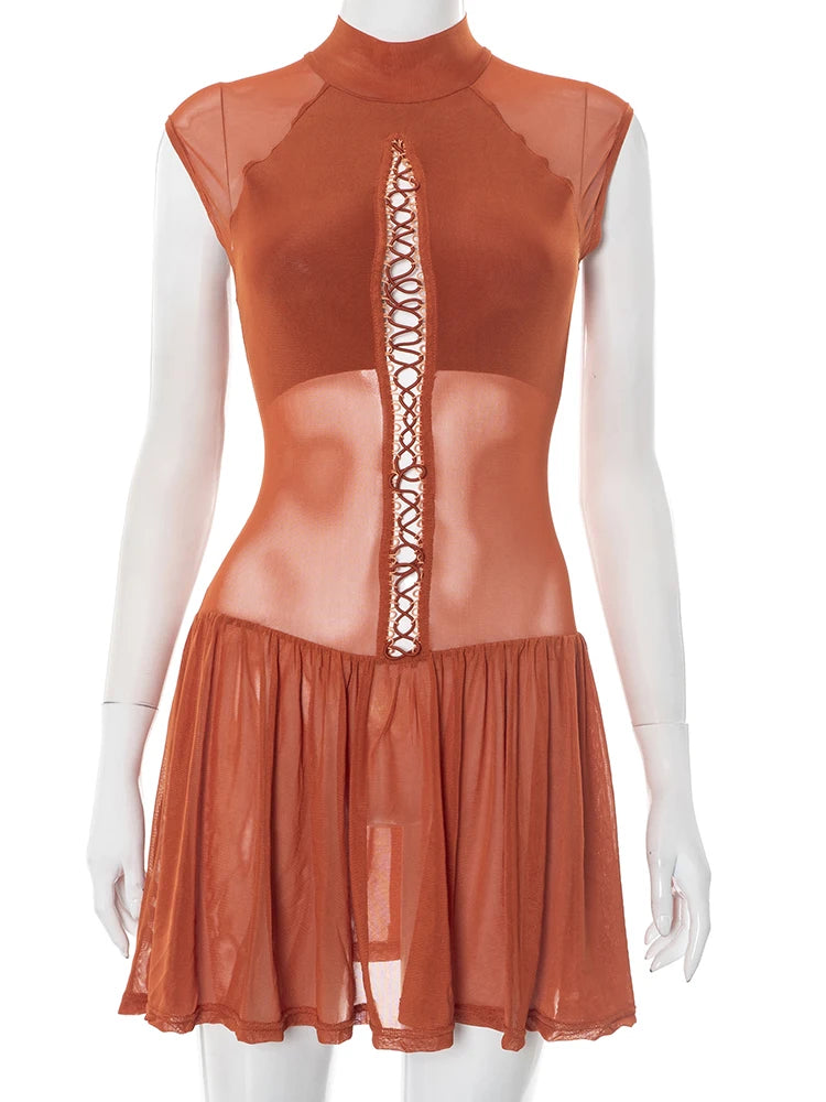 Hollow Sexy Dress Women o-Neck Coquette Sleeveless Patchwork Pleated Hem Halter Summer Midnight Clubwear Mini Bodycon