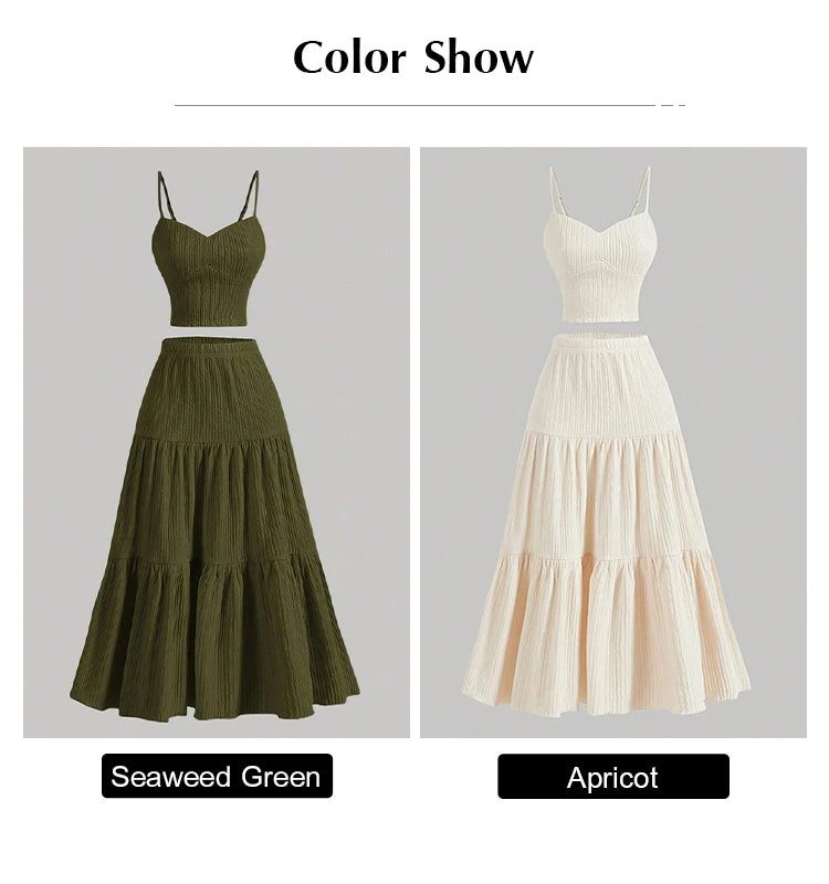 Sets Summer Simple Decent Solid Colour Screw Thread Sleeveless Sweetheart Neck High Waist Pleated Skirt Sets For Women