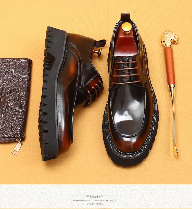 Designer Men's Leather Shoes With Thick Soles Round Toe Glossy Leather Business Dress and Waxed Cowhide Lace-Up British Shoes