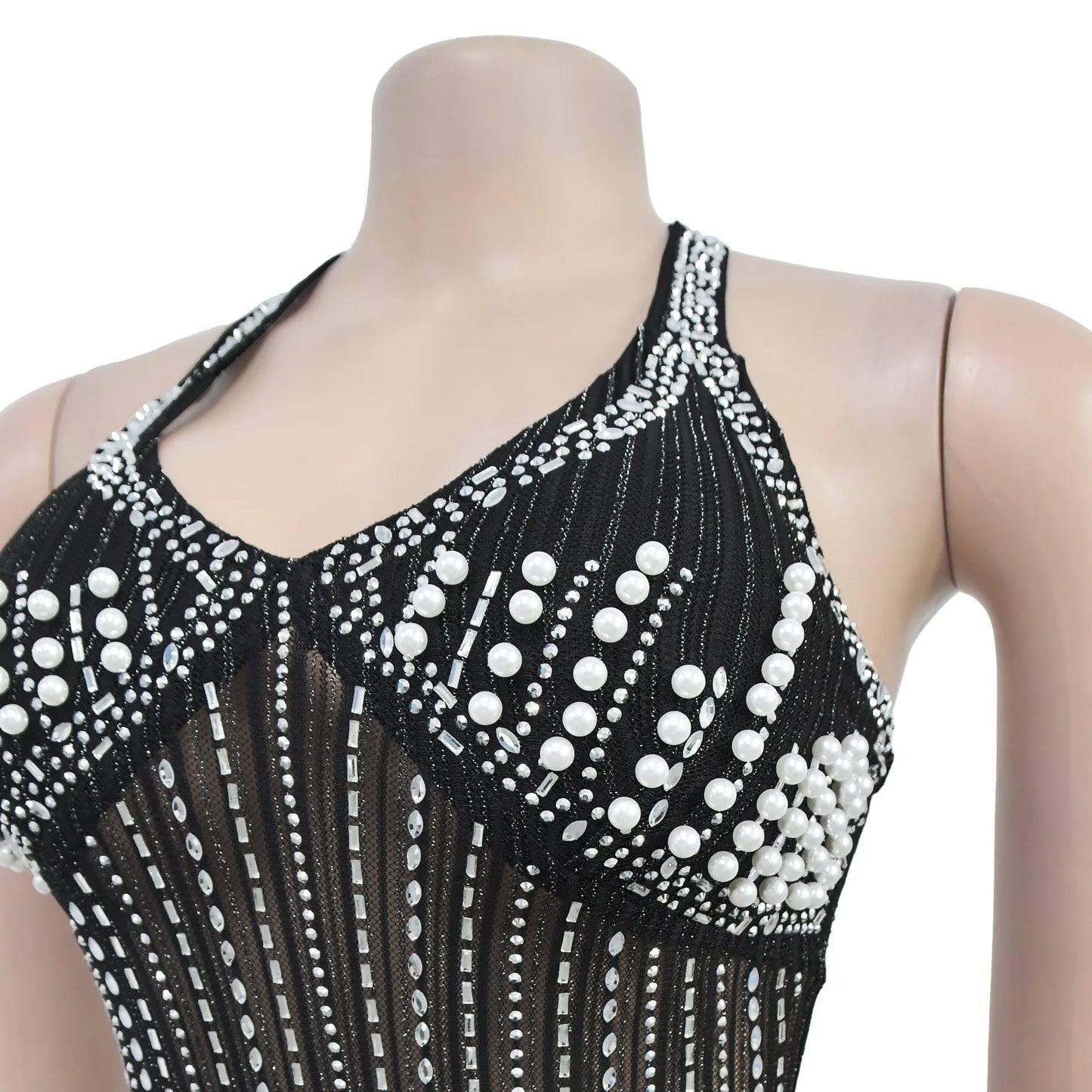 Women's Sexy Halter Sleeveless Backless Embroidered Flares Rhinestone Decor Floor-length Party Dress