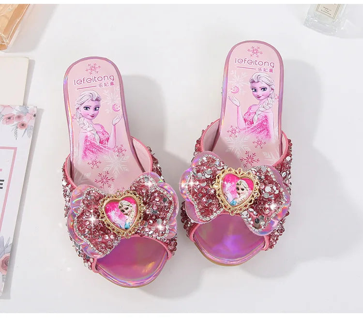 Zomersandalen voor meisjes, modieuze slippers met pailletten, prinsessenschoenen voor kinderen, hoge hakken, feestjurken, Elsa-schoenen, leren slippers voor meisjes