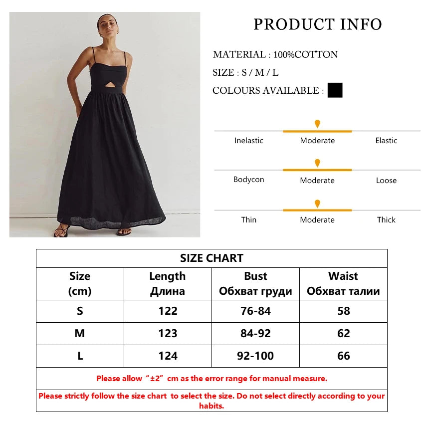 Sexy Loose Black Cotton Womens Dresses 2024 Summer Strap Sleeveless Ankle Length Dress Elegant Hollow Out Female Dress