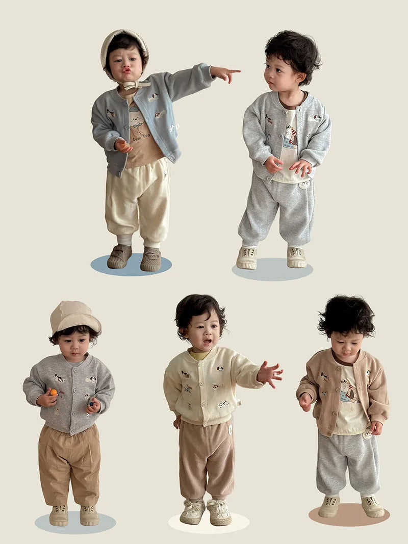 New Autumn Boys Girls Dog Baseball Uniform Cartoon Embroidered Pattern Kids Coat Fashion Children Clothes Pants 9M-5T Unisex