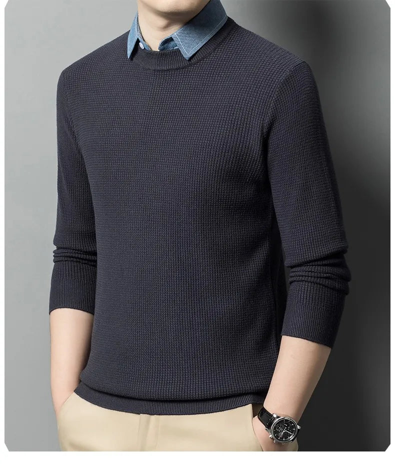 Men's Top Grade Fake Two Collared Fashion, Designer Knitted Pullover Sweater, Casual Brand Slim Fit Male Jumpers