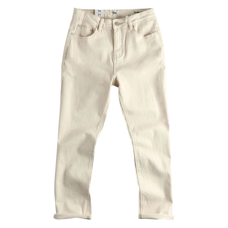2025 Lente Herfst Nieuwe Amerikaanse Retro Beige Witte Denim Cargo Jeans Heren Eenvoudige 98% Katoen Gewassen Amekaji Casual Rechte Broek