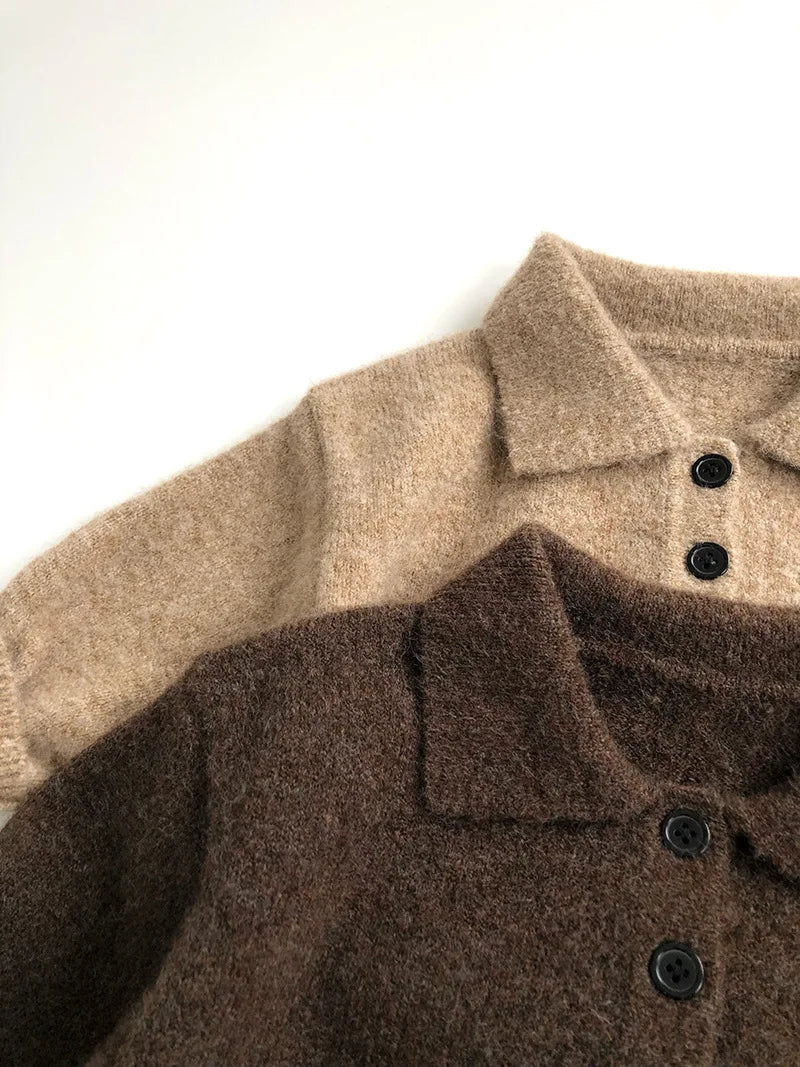 Autumn New Boys Clothes Kids Knit Turn Down Collar Sweater Children's Trendy Solid Colour Pullover Girls Outwear 1-6Y Unisex