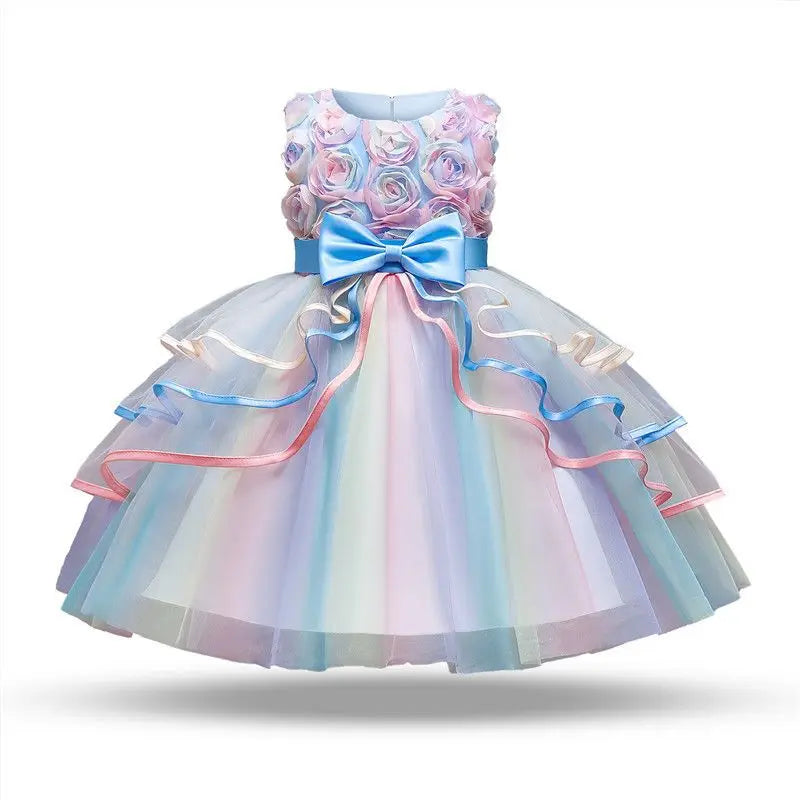 Fashion Girl's Dress Summer Rose Princess Dress Patchwork Mesh Performance Costume Children's Birthday Gown 3-8Y Girls