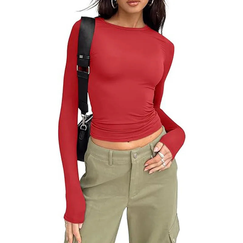 Fashion Senior Women's Long Sleeve Crew Neck Solid Slim Fit T-shirt Crop Top Ladies Daily Streetwear Casual Tee
