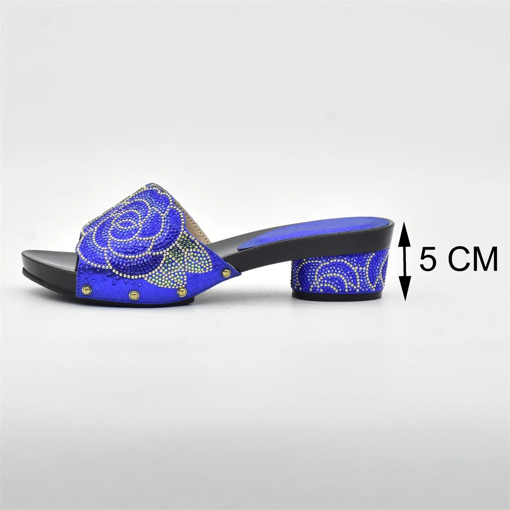 Women's Italian Shoes with Matching Bags Set Decorated with Rhinestone Open Toe Ladies' Slippers Shoes