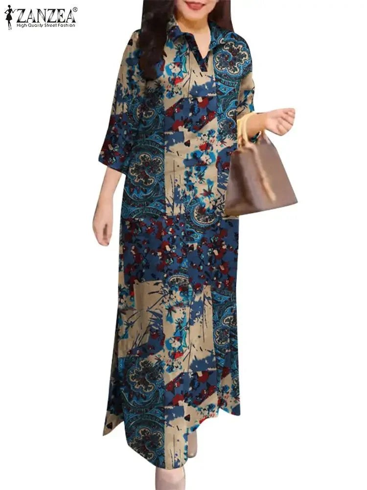 Women 3/4 Sleeve Long Dresses Autumn Fashion Lapel Neck Cotton Shirtdress Vintage Floral Print Maxi Shirt Dress