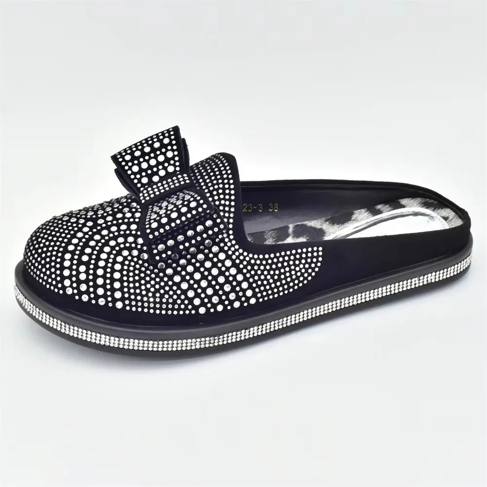 Bling Crystal Women Closed Toe Mules Half Close Slippers Thick Sole Light Weight Comfy Walking Shoes