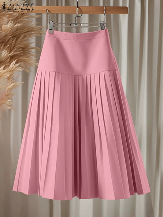 Elegant A-Line Pleated Skirts Women Fashion High Waist Patchwork Midi Faldas Mujer Office Commuting Solid Jupes Femme